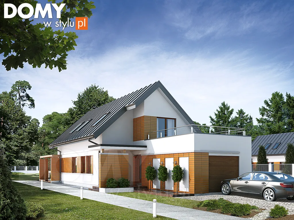 Nowoczesny projekt domu z poddaszem Ametyst - wizualizacja frontowa - lustrzane odbicie