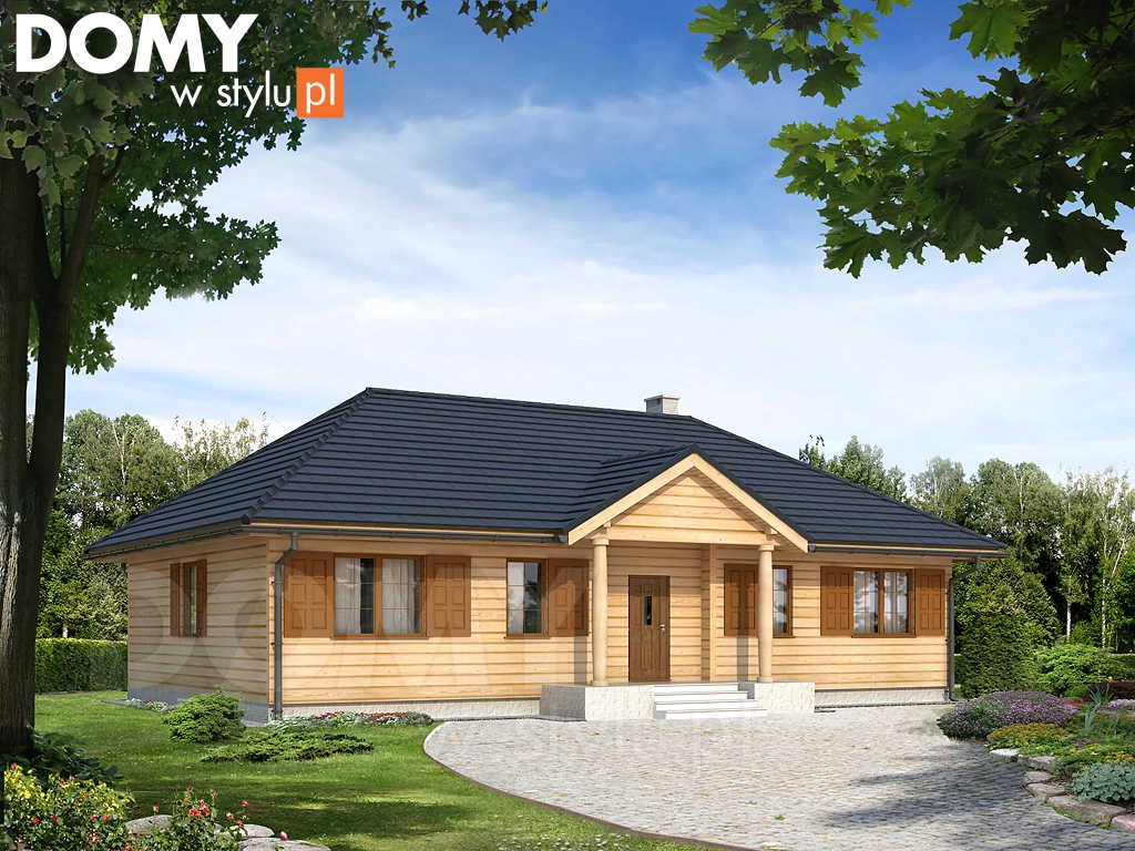 Projekt domu parterowego drewnianego Borówka 3 bal - wizualizacja frontowa - lustrzane odbicie