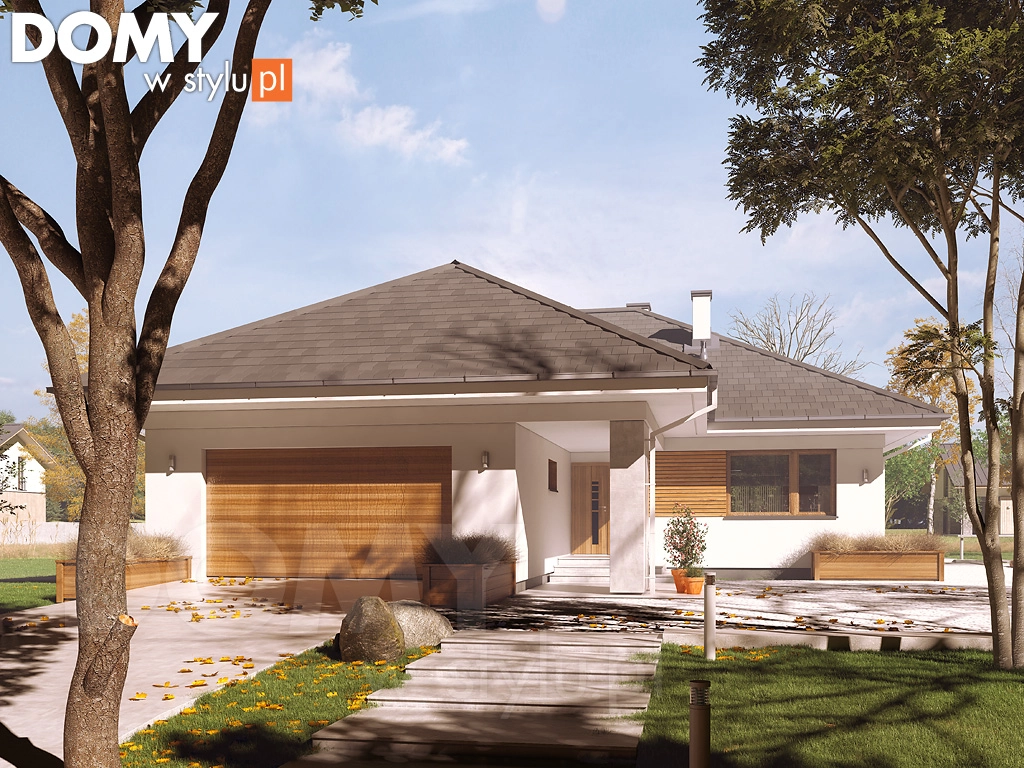 Nowoczesny projekt domu parterowego Kiwi 5 - wizualizacja frontowa - lustrzane odbicie