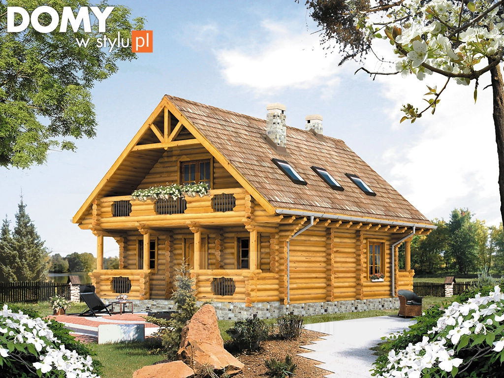 Projekt domu drewnianego z poddaszem Konwalia 2 bal - wizualizacja frontowa