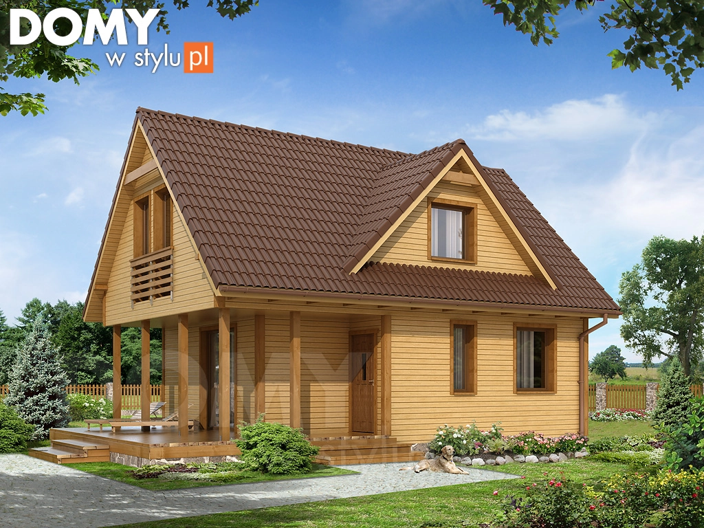 Projekt domu drewnianego z poddaszem Poziomka 2 dr-S - wizualizacja frontowa