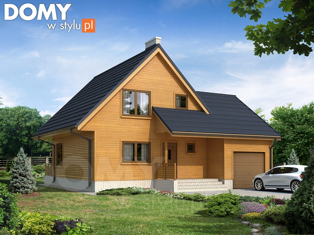 Projekt domu drewnianego z poddaszem Stokrotka 2 dr-S - wizualizacja frontowa
