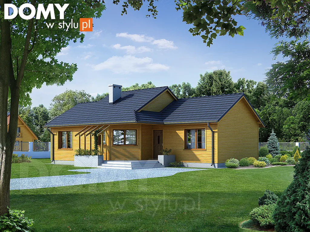 Projekt domu parterowego drewnianego Szyper 8 dr-S - wizualizacja frontowa - lustrzane odbicie