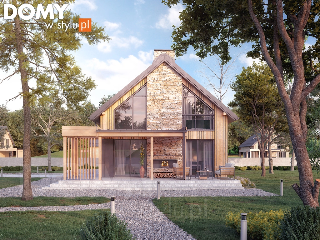 Nowoczesny projekt domu drewnianego z poddaszem Weranda dr-S - wizualizacja frontowa - lustrzane odbicie