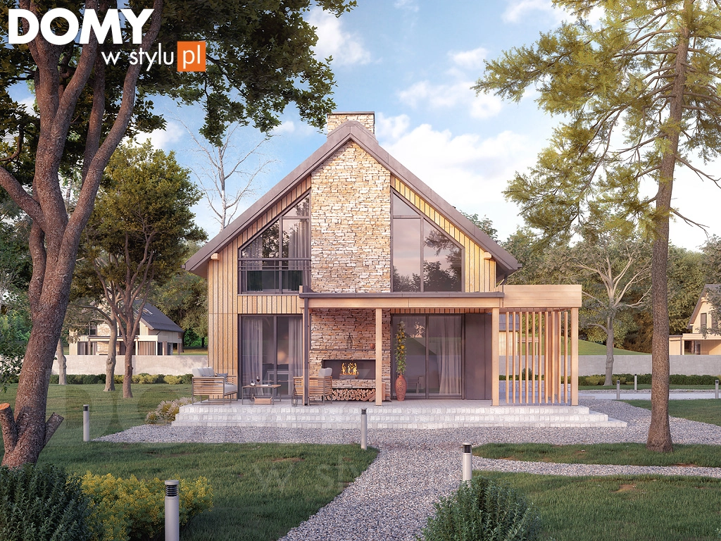 Nowoczesny projekt domu drewnianego z poddaszem Weranda dr-S - wizualizacja frontowa
