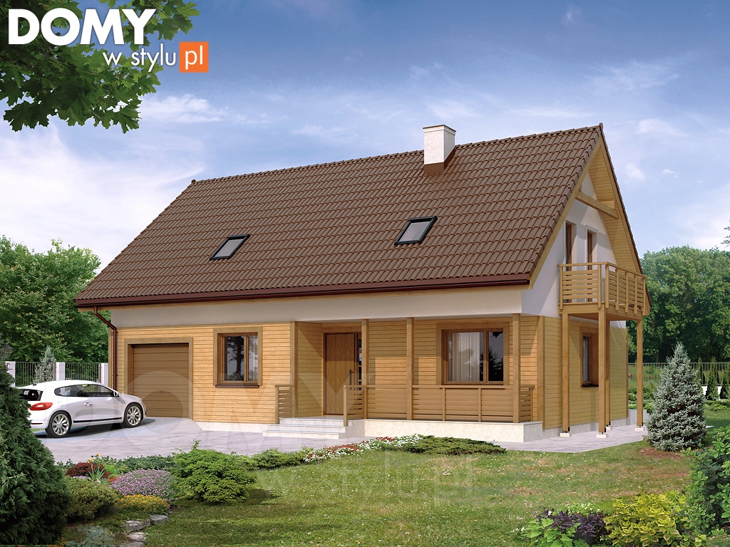 Projekt domu drewnianego z poddaszem Wiśnia dr-ST - wizualizacja frontowa