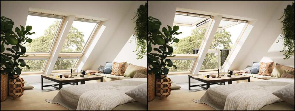 Balkon Velux GLD Cabrio widok z wnętrza pokoju